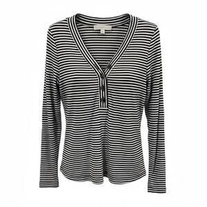LOFT Women’s Medium M Black White Striped Ribbed Henley Long Sleeve Top